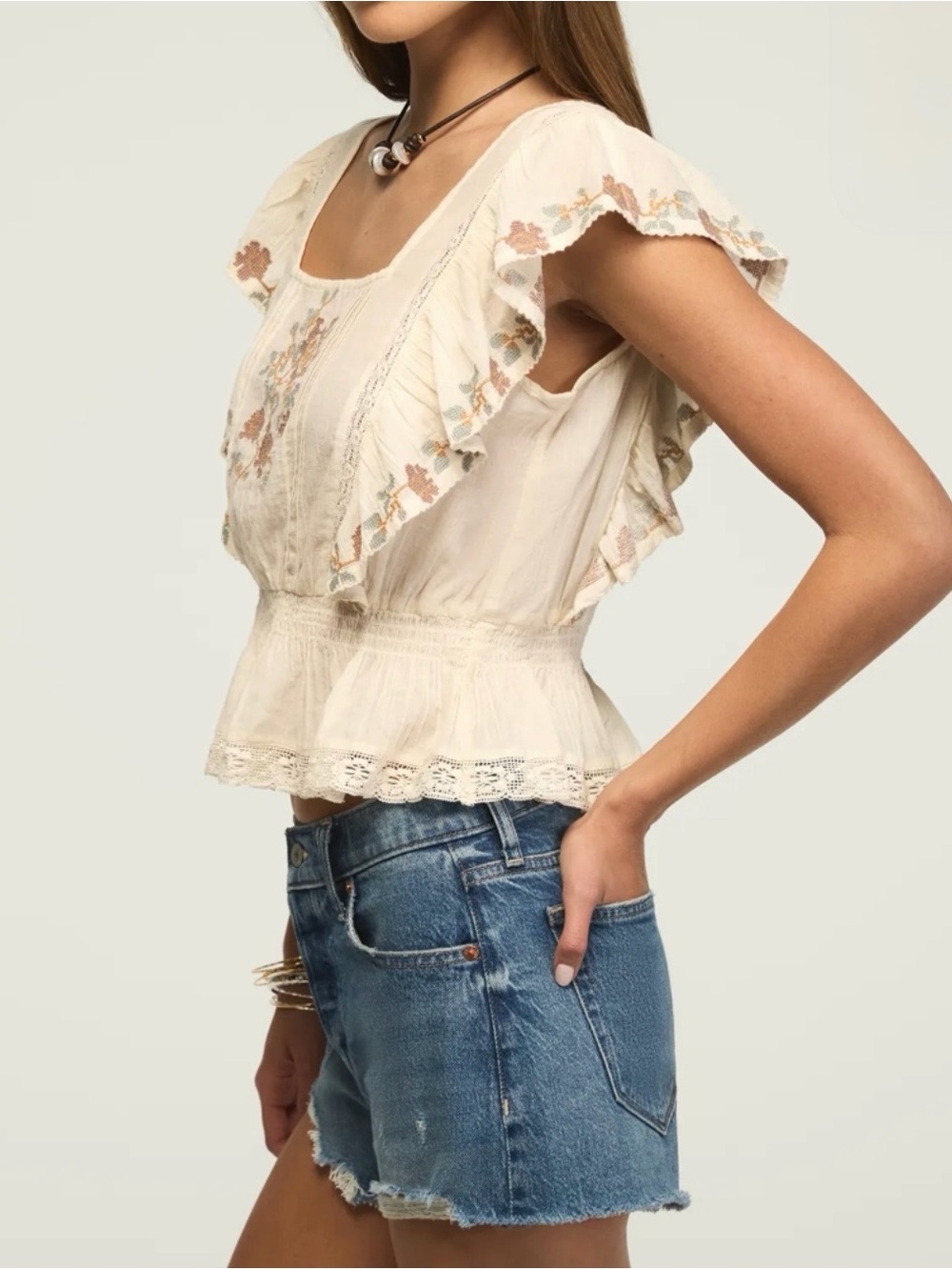 Lucky Brand Lace-Trim Square Neck Contrast Embroidered Ruffle Peplum Top - Picture 4 of 5